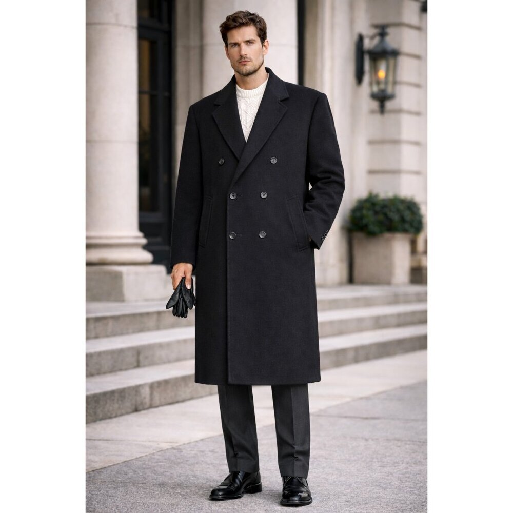 Mens Andrew Fezza Cashmere Blend Overcoat Black Double Breasted Long Coat L - Picture 16 of 16
